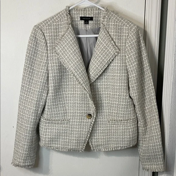 Ann Taylor Fringe Tweed Shawl Collar Blazer Light Gray & White Size 10 - Picture 1 of 7